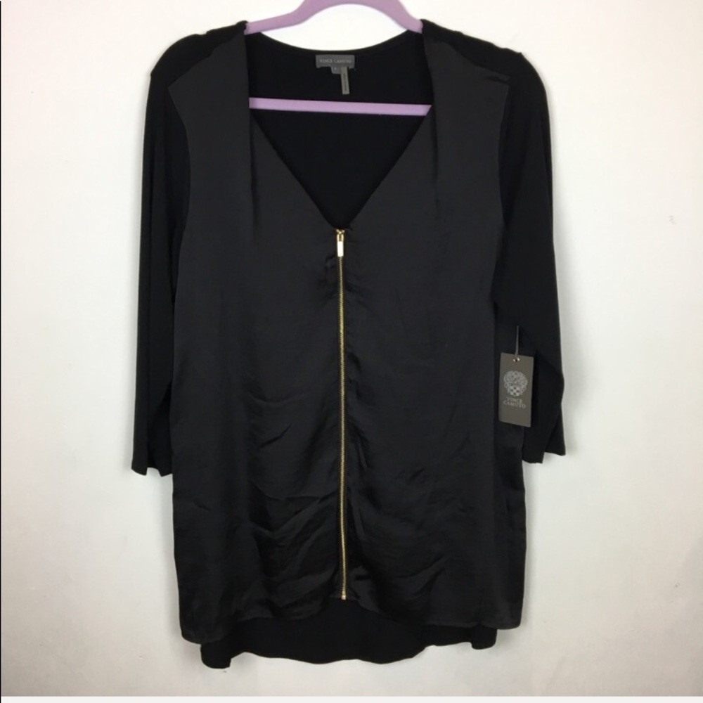 Vince Camuto Front Zip Mixed Media Top